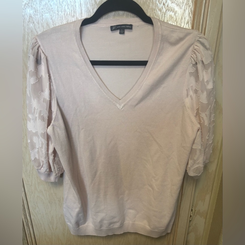 Adrianna‎ Papell Clip Dot Puff Sleeve Sweater Size L Pink Preppy Twee Office